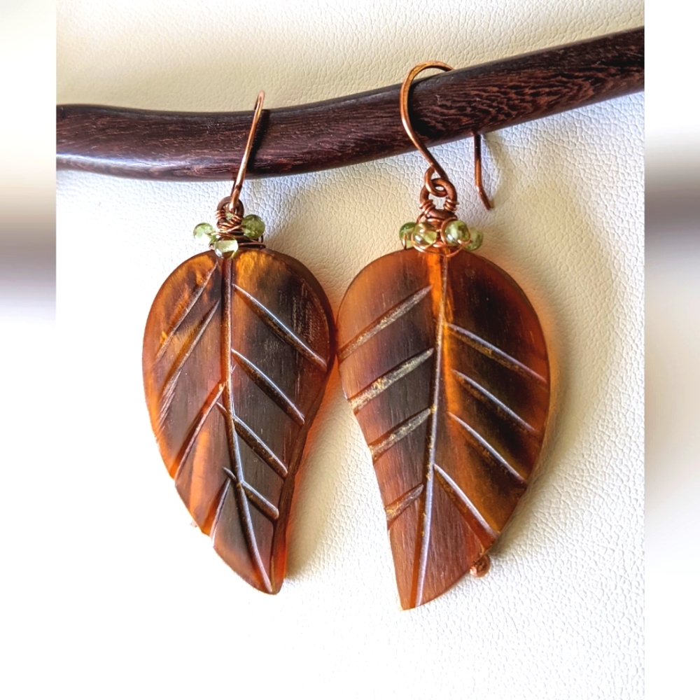 Artisan Autumn Leaf Earrings Carved Horn Hand Wrapped In Solid Copper - Picture 9 of 16